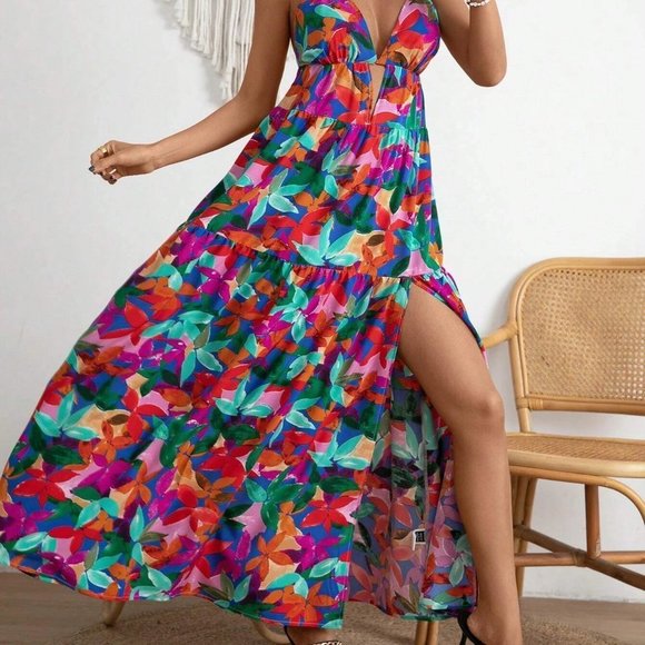 Multicolor Boho Womens Allover Floral Print Split Thigh Cami Dress - Picture 1 of 5